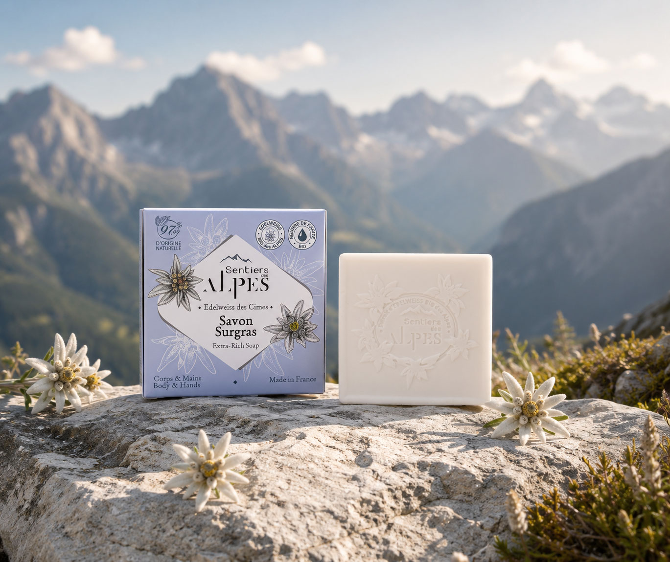 Savon surgras Edelweiss des Cimes 100 g avec son étui bleu