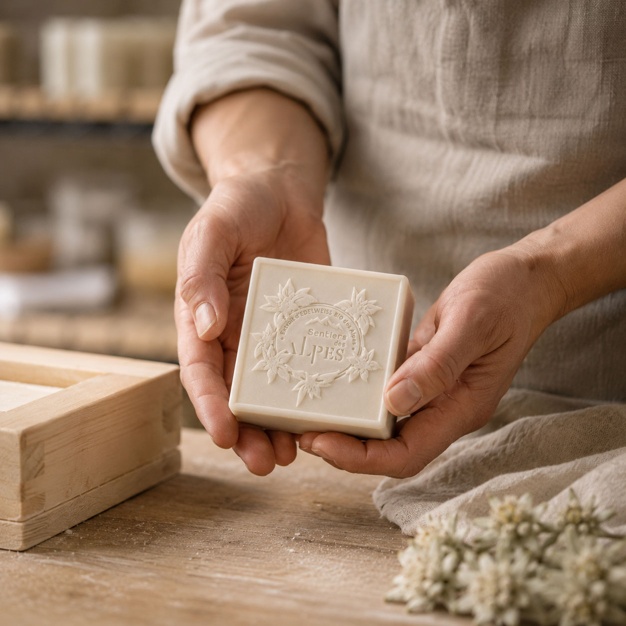Texture moussante du savon surgras Edelweiss des Cimes - Sentiers des Alpes