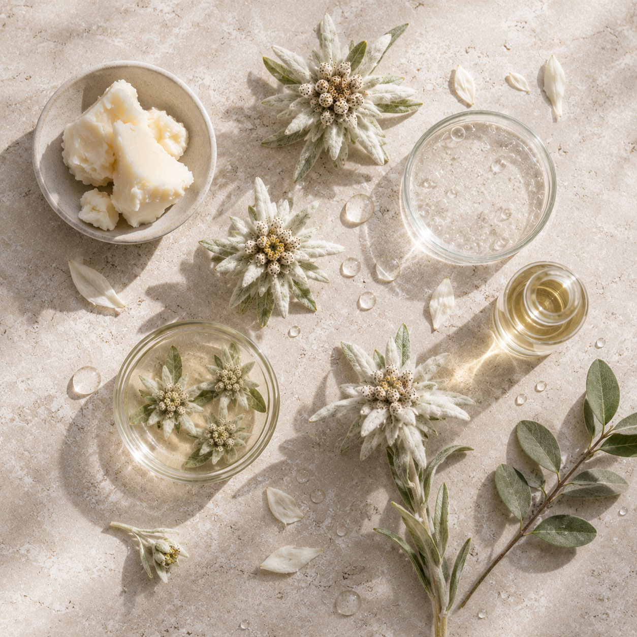 Edelweiss des Alpes sur pierres claires, univers botanique du savon