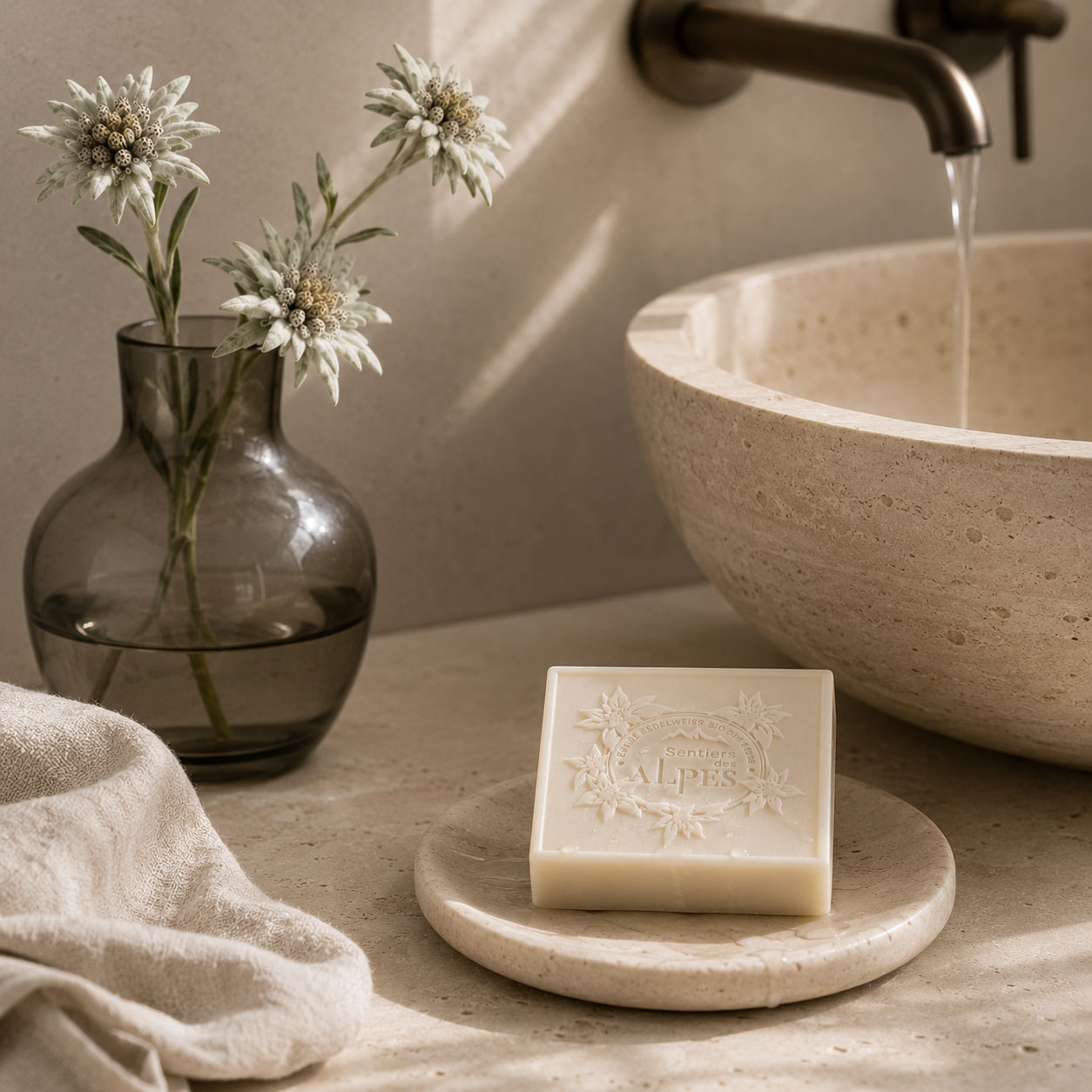 Savon Edelweiss des Cimes posé sur une coupelle dans une salle de bain lumineuse