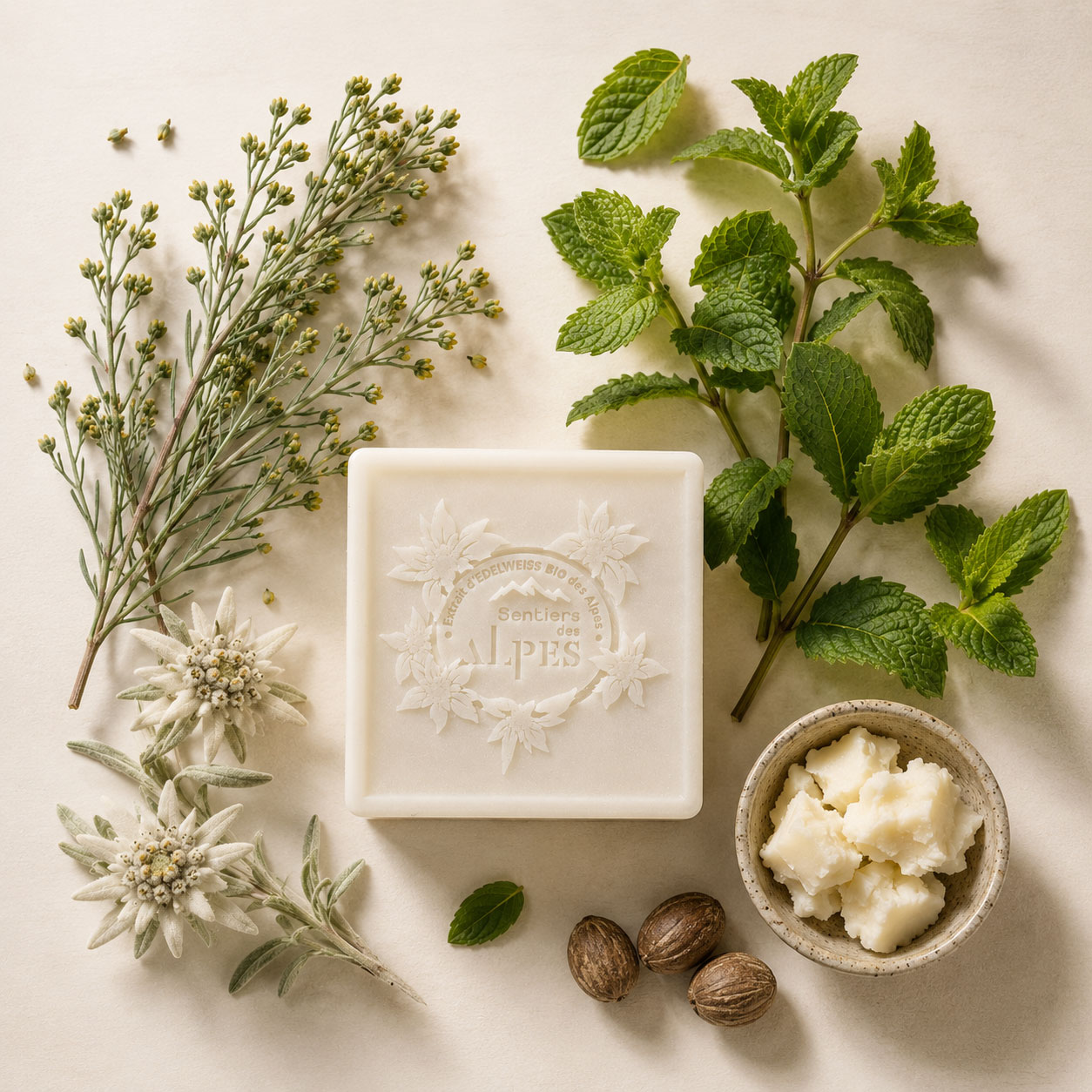 Savon surgras entouré de génépi, menthe, edelweiss et beurre de karité