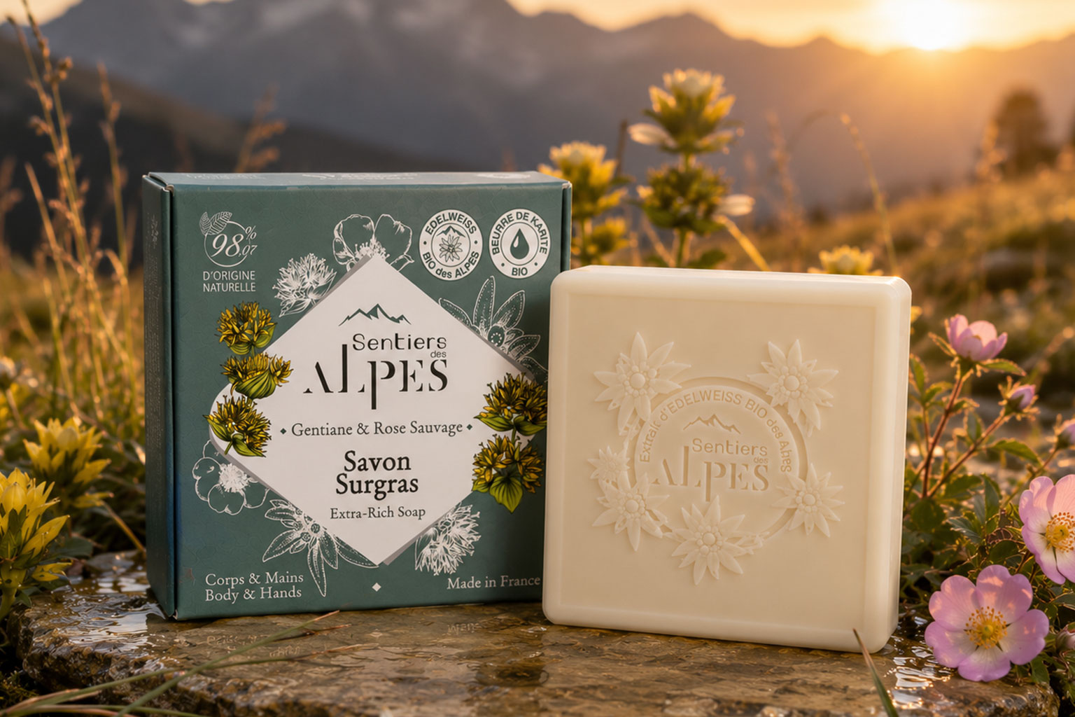 Étui et savon Gentiane & Rose Sauvage dans un intérieur alpin lumineux