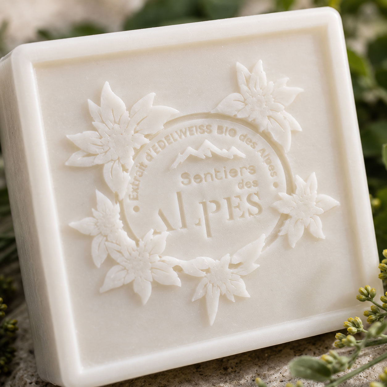 Gros plan de la gravure Extrait d’Edelweiss bio des Alpes sur le savon surgras