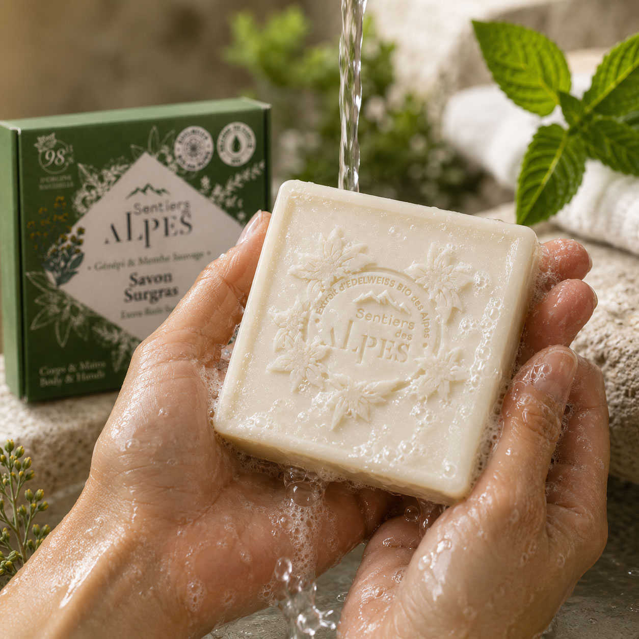 Savon surgras Génépi & Menthe Sauvage tenu dans des mains sous un filet d’eau
