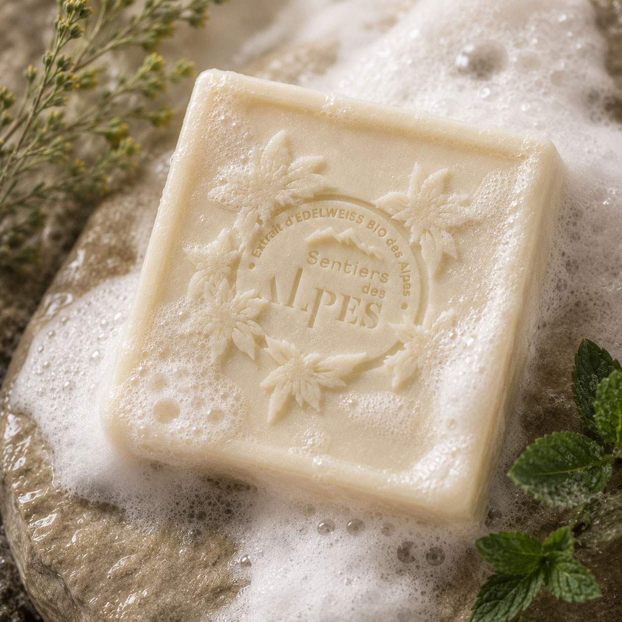 Savon Génépi & Menthe Sauvage entouré d’une mousse fine, avec menthe fraîche et génépi