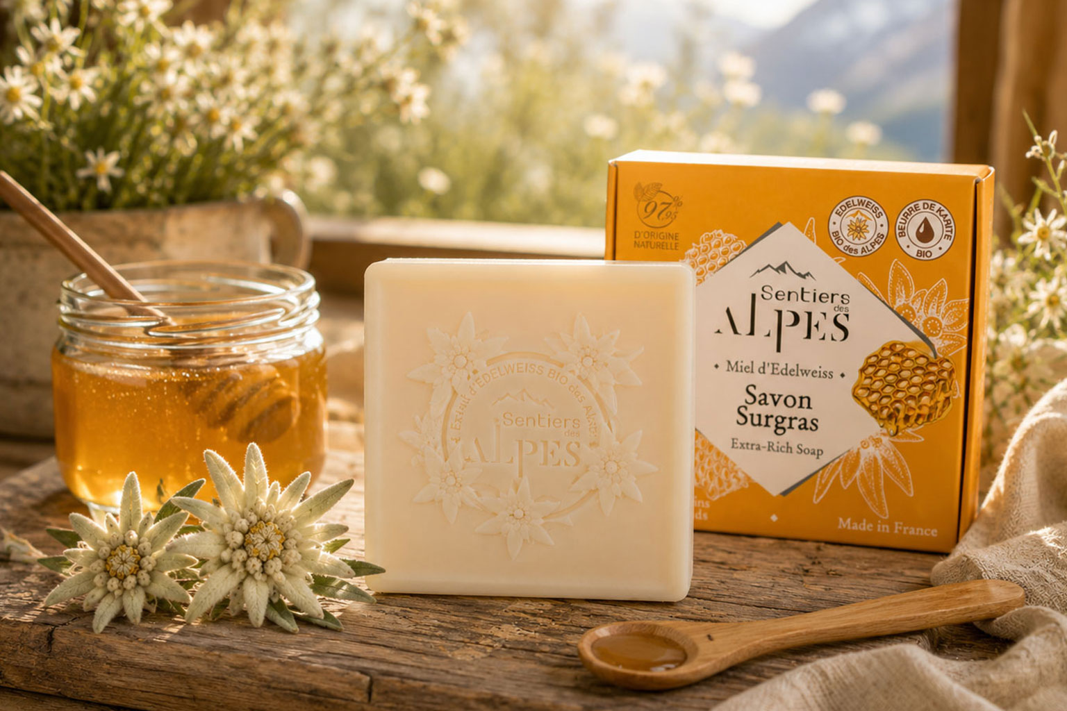 Savon Miel d'Edelweiss dans son cadre alpin - Sentiers des Alpes