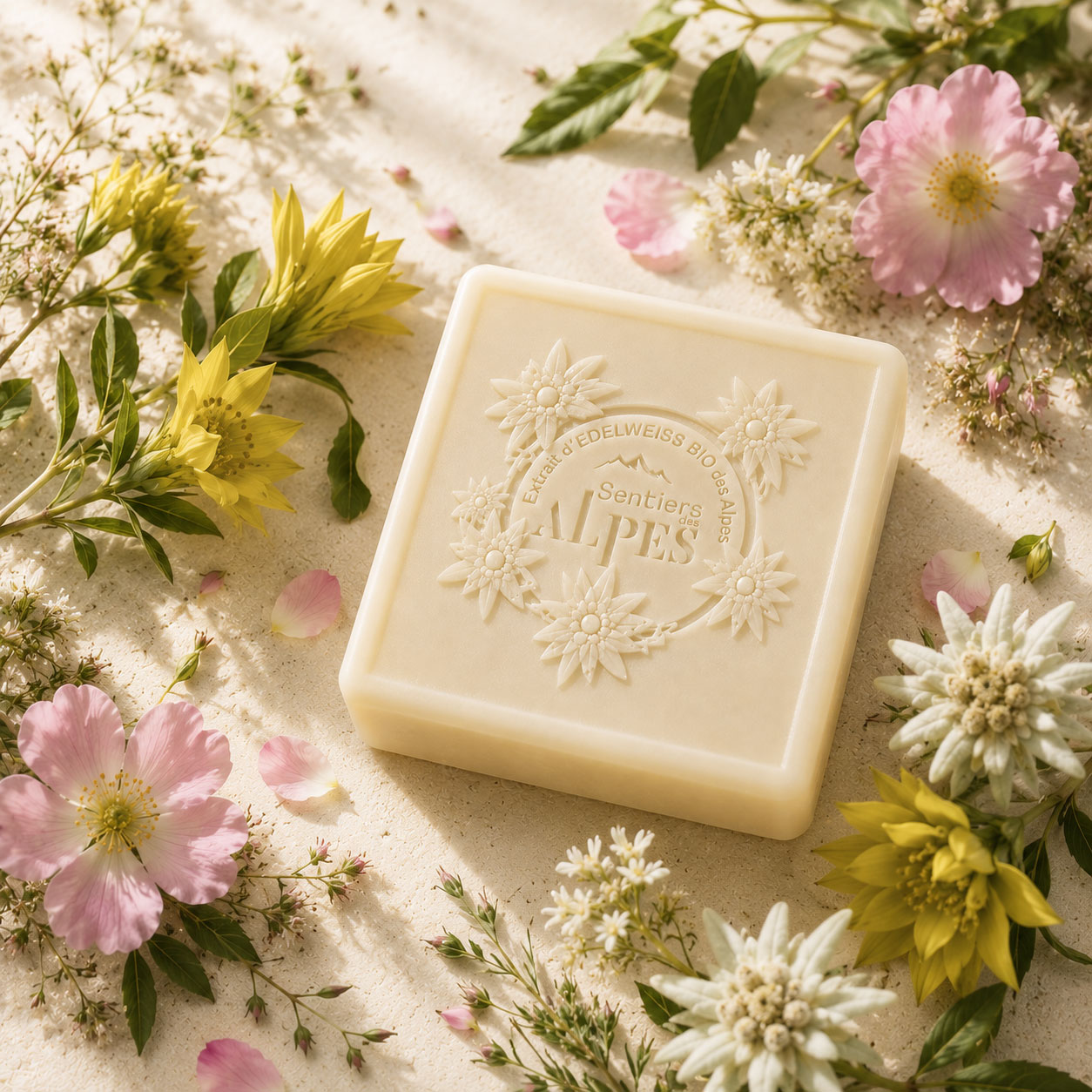 Univers olfactif de gentiane jaune, rose sauvage et edelweiss