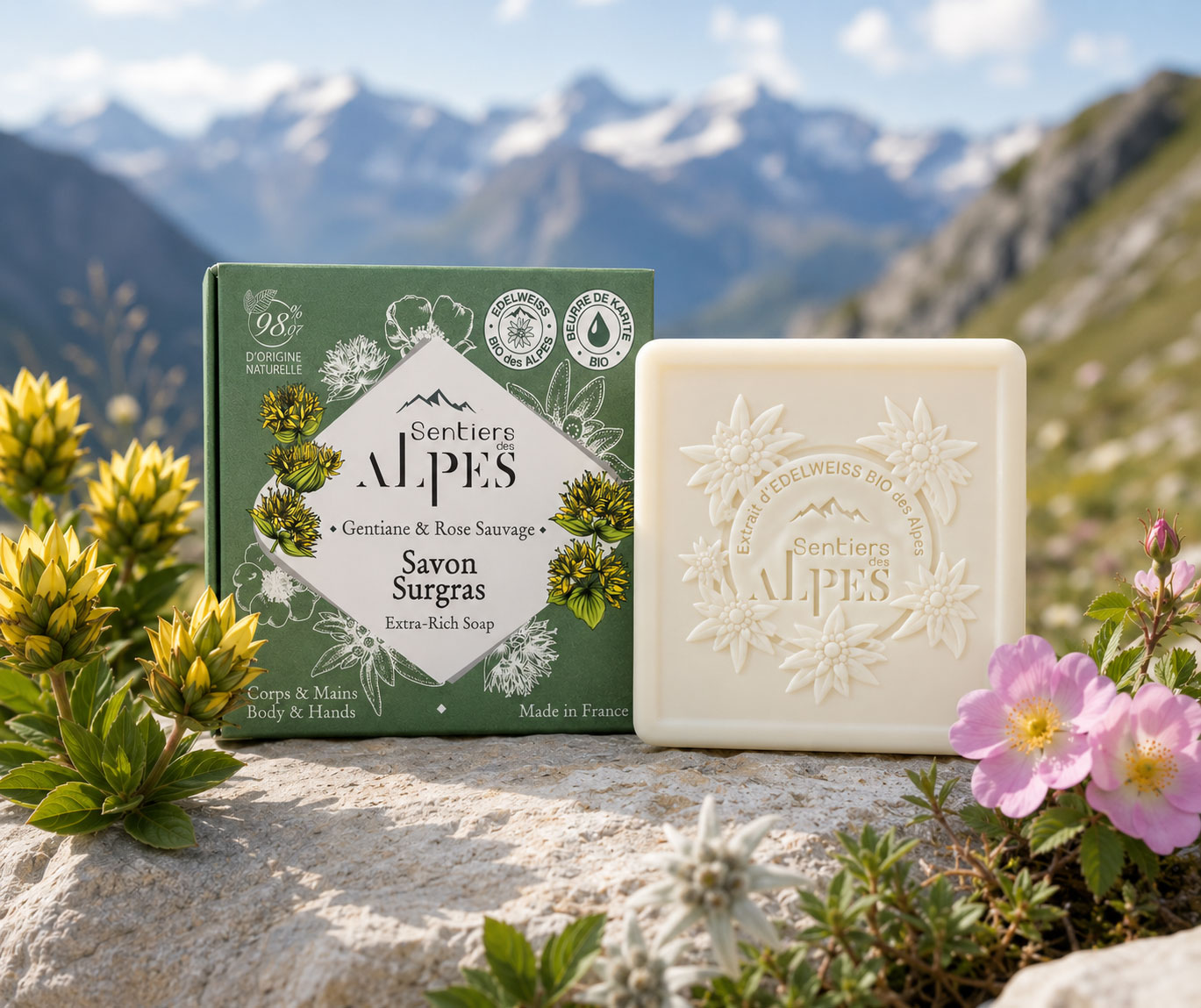 Savon surgras Gentiane & Rose Sauvage 100 g avec son étui
