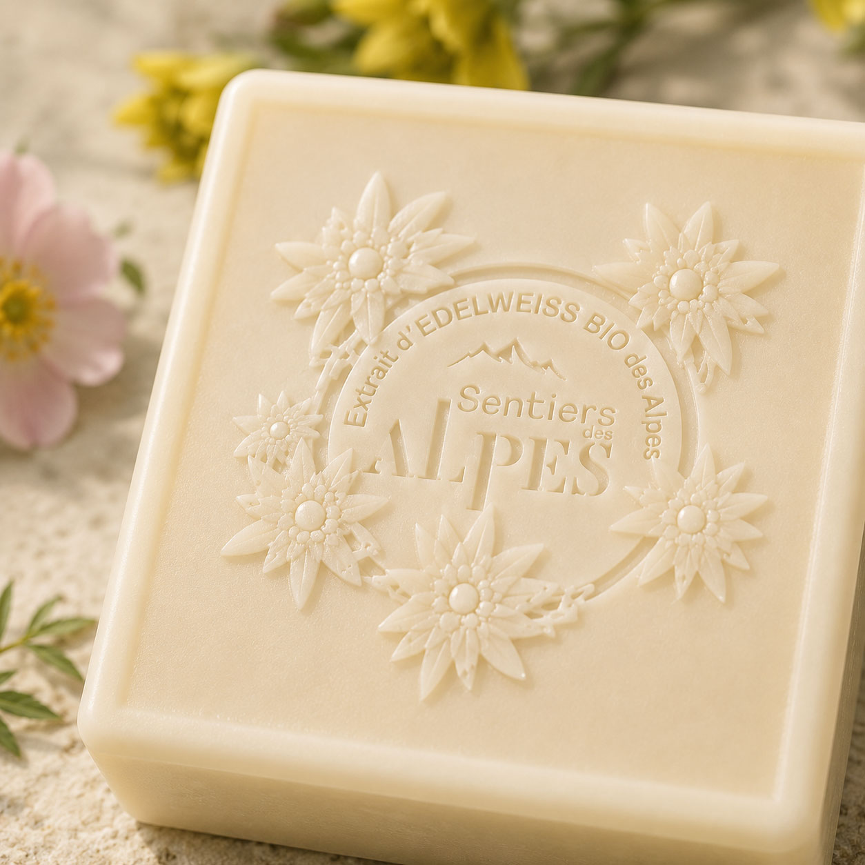 Détail de la gravure du savon surgras Sentiers des Alpes