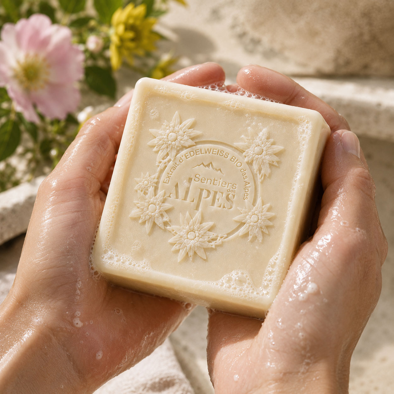 Texture moussante du savon surgras Gentiane & Rose Sauvage - Sentiers des Alpes