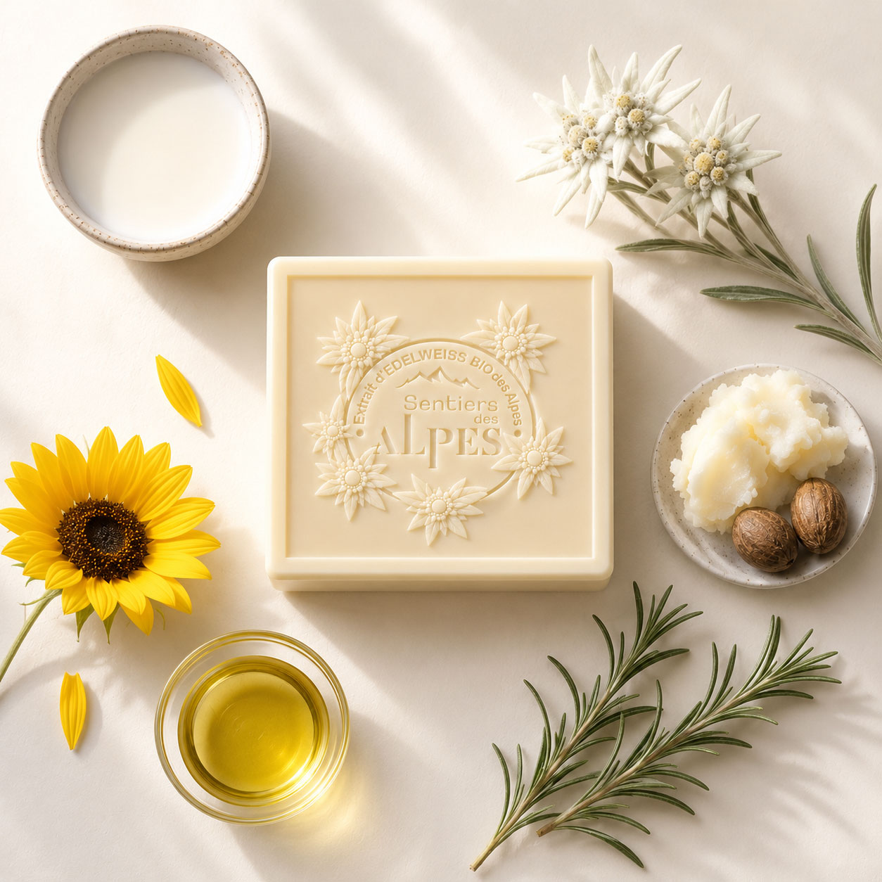 Savon au lait d’ânesse entouré de lait, karité, tournesol, romarin et edelweiss