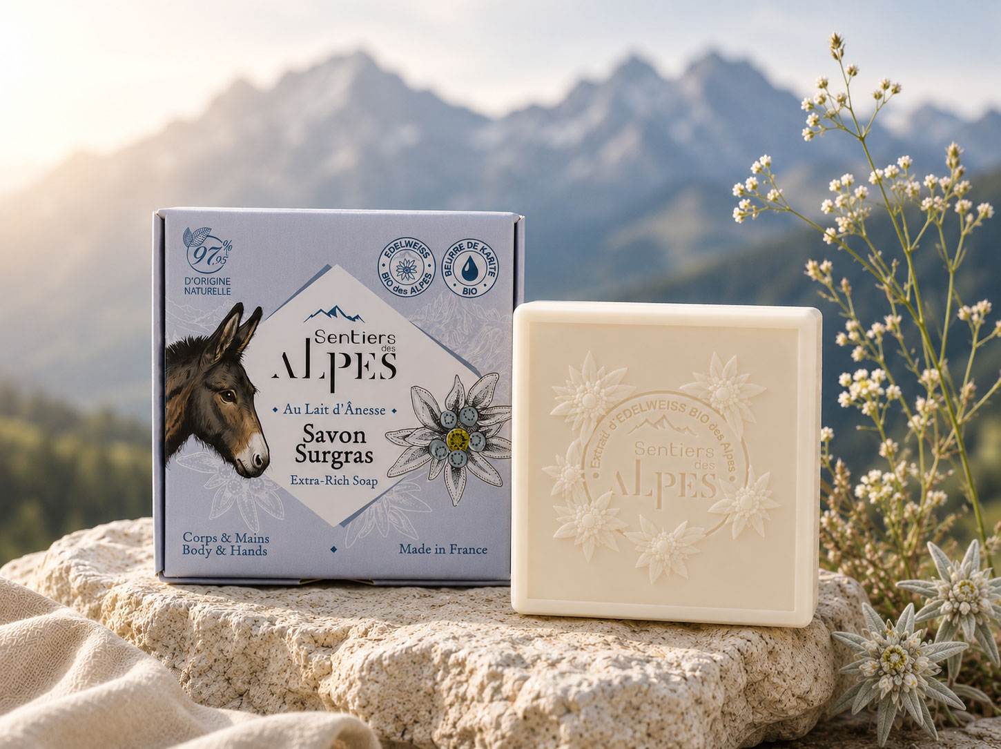 Savon surgras au lait d’ânesse 100 g et son étui Sentiers des Alpes devant un paysage alpin