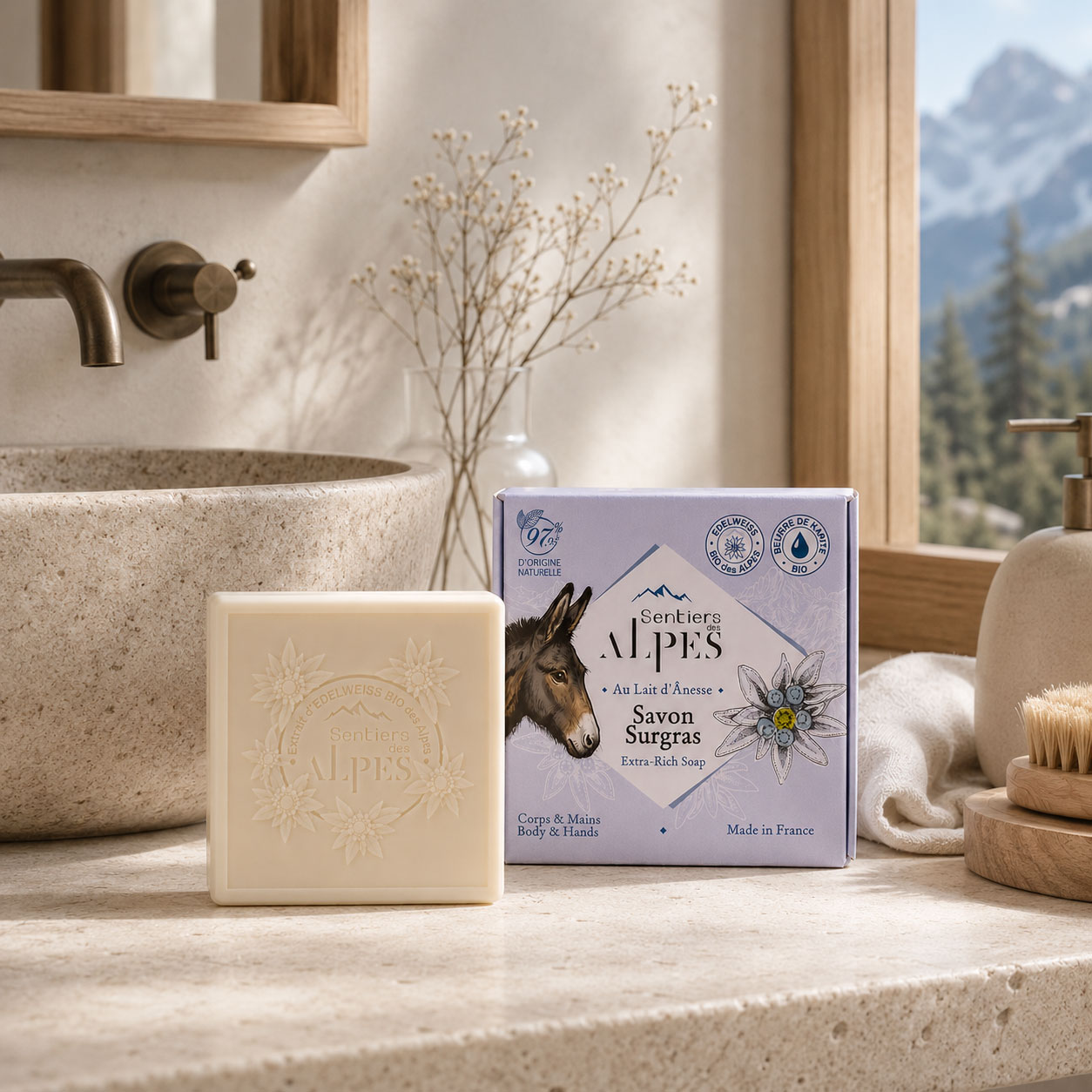 Savon au lait d’ânesse et étui Sentiers des Alpes dans une salle de bain d’inspiration alpine