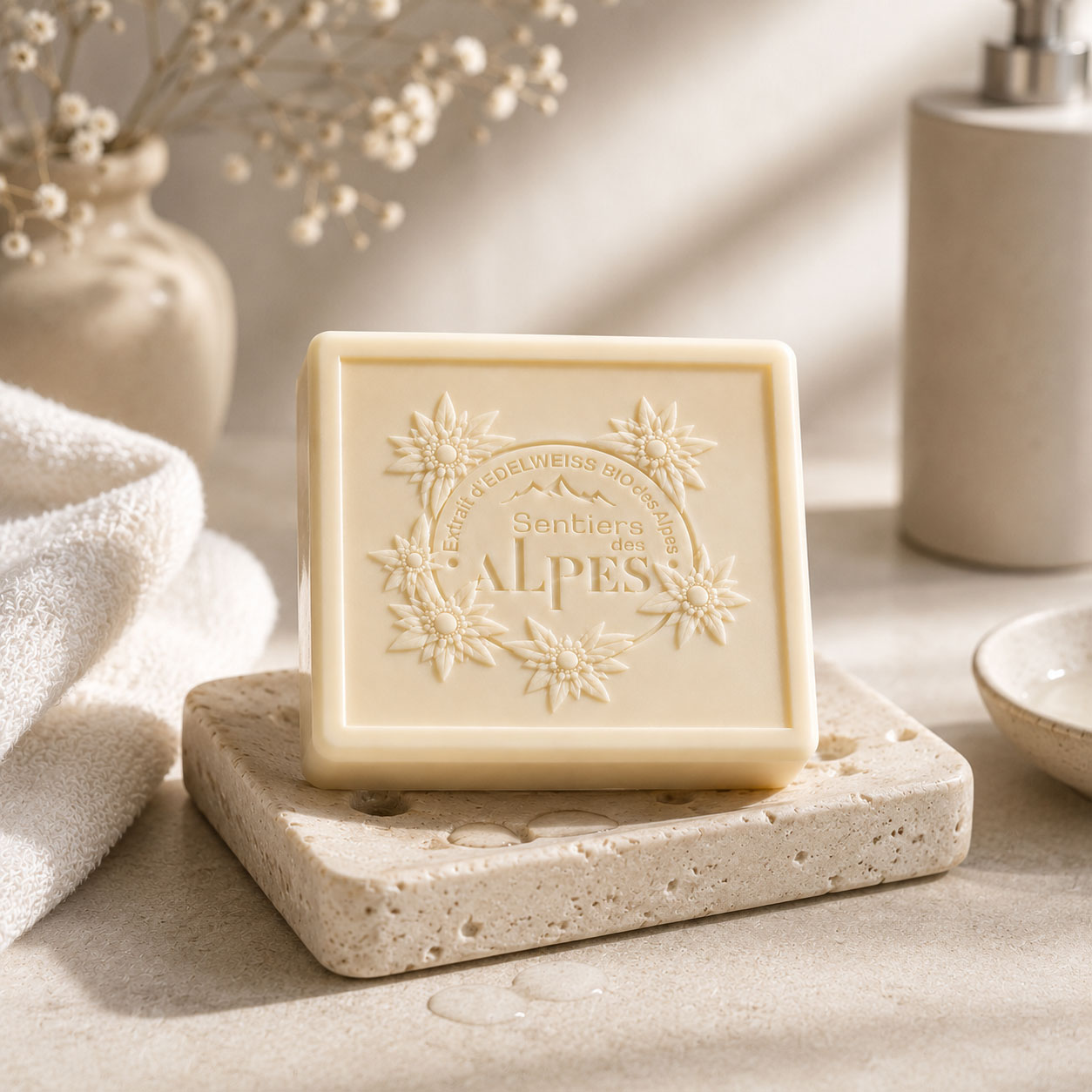 Savon au lait d’ânesse posé sur un porte-savon en pierre dans une salle de bain lumineuse