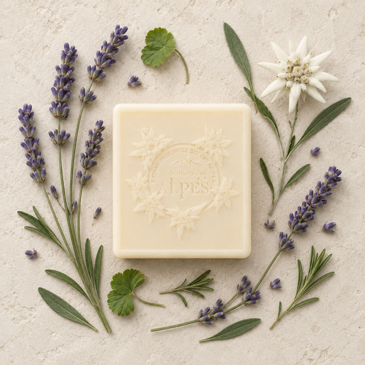 Lavande, edelweiss et beurre de karité présentés autour du savon
