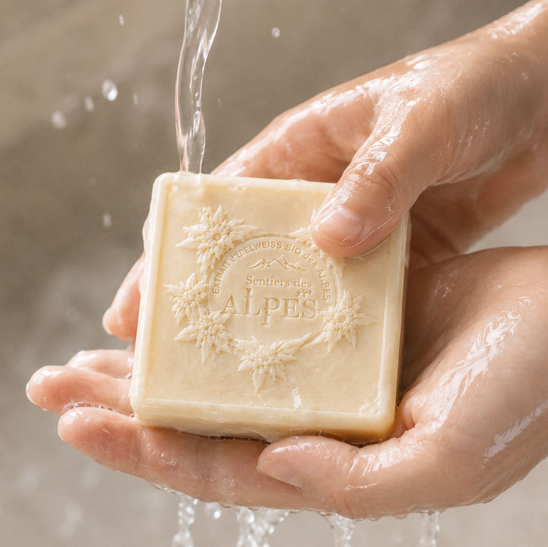 Savon Lavande des Sommets entre des mains couvertes d’une mousse légère