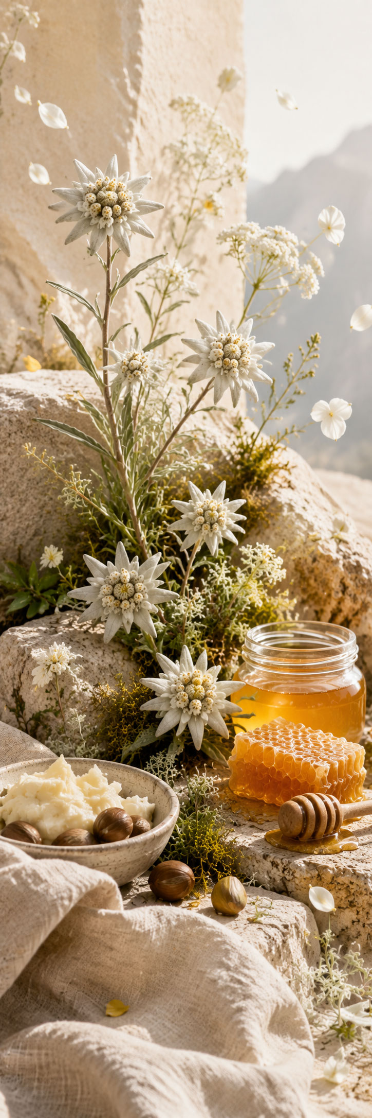 Ingrédients naturels du savon Miel d'Edelweiss : beurre de karité, edelweiss bio, huile de palme RSPO
