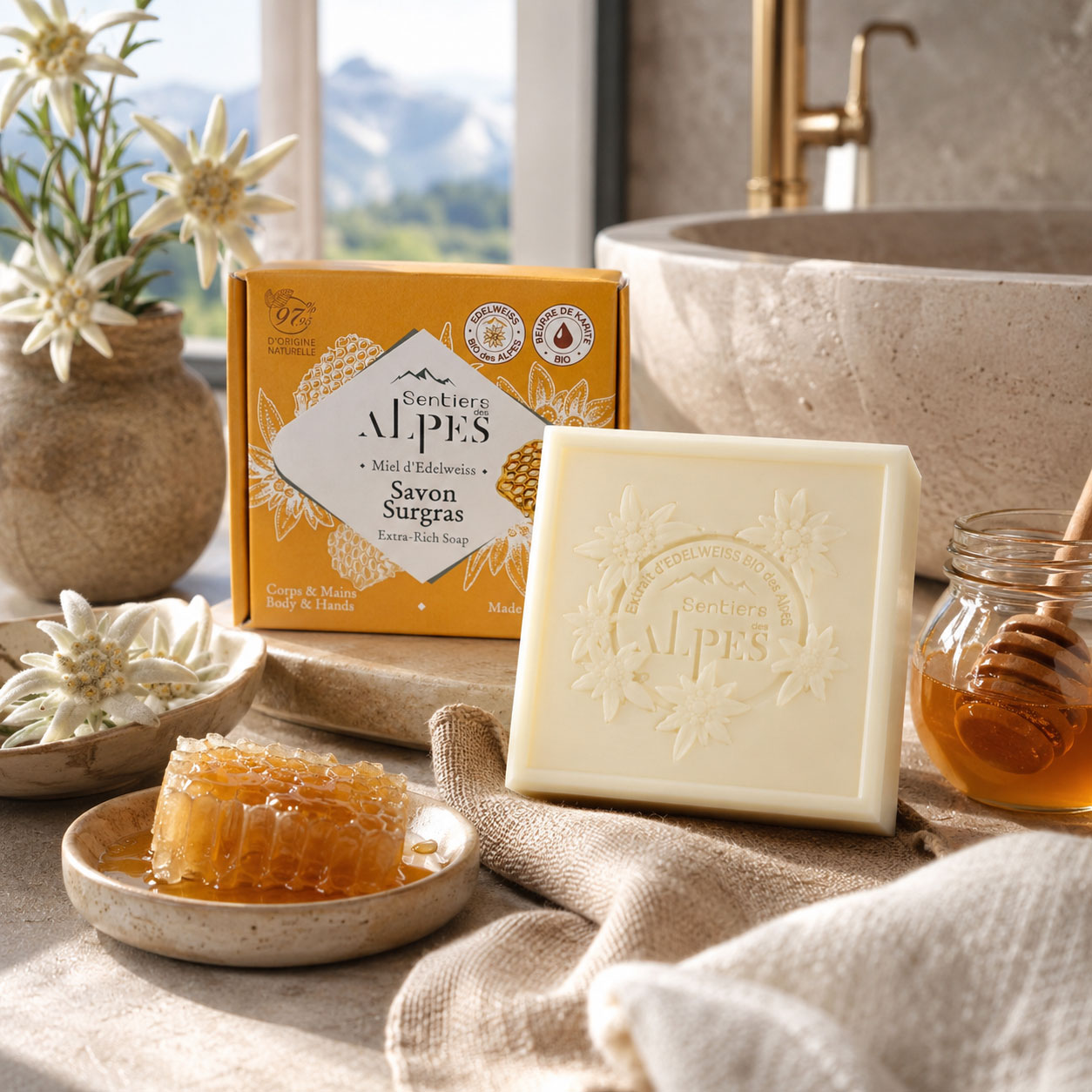 Rituel journalier du savon surgras Miel d'Edelweiss - Sentiers des Alpes