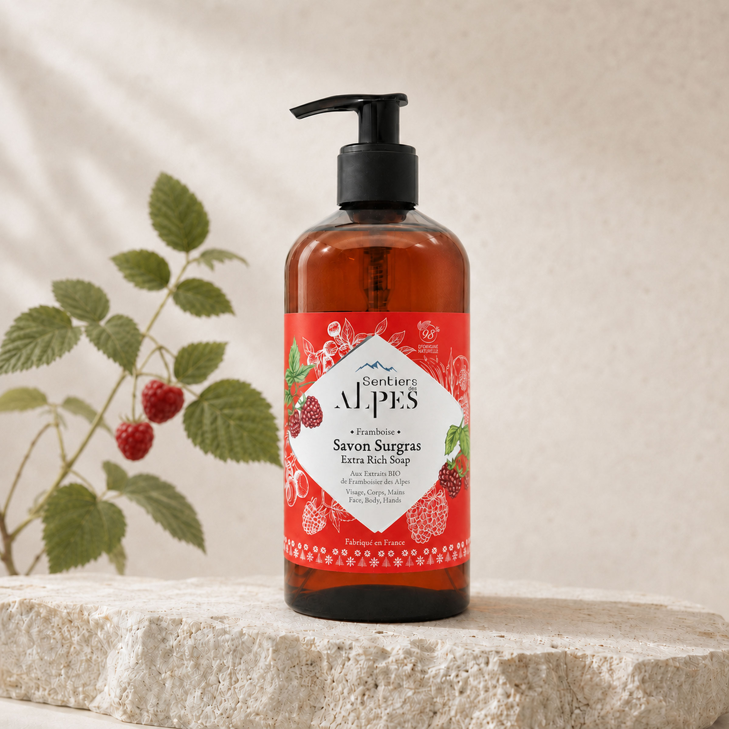 Savon liquide surgras Framboise 500 ml – Sentiers des Alpes