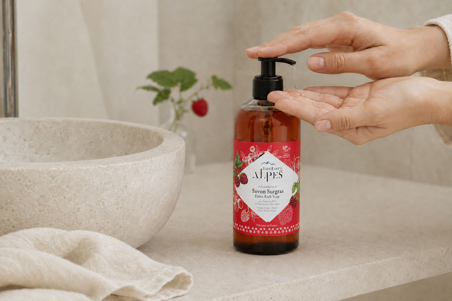 Utilisation du savon liquide Framboise sur les mains