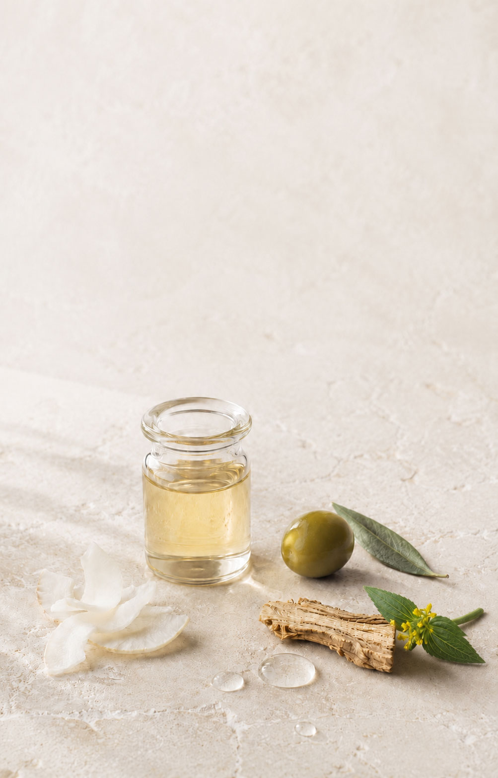 Huile d’olive, huile de coco et racine de gentiane jaune bio sur pierre claire