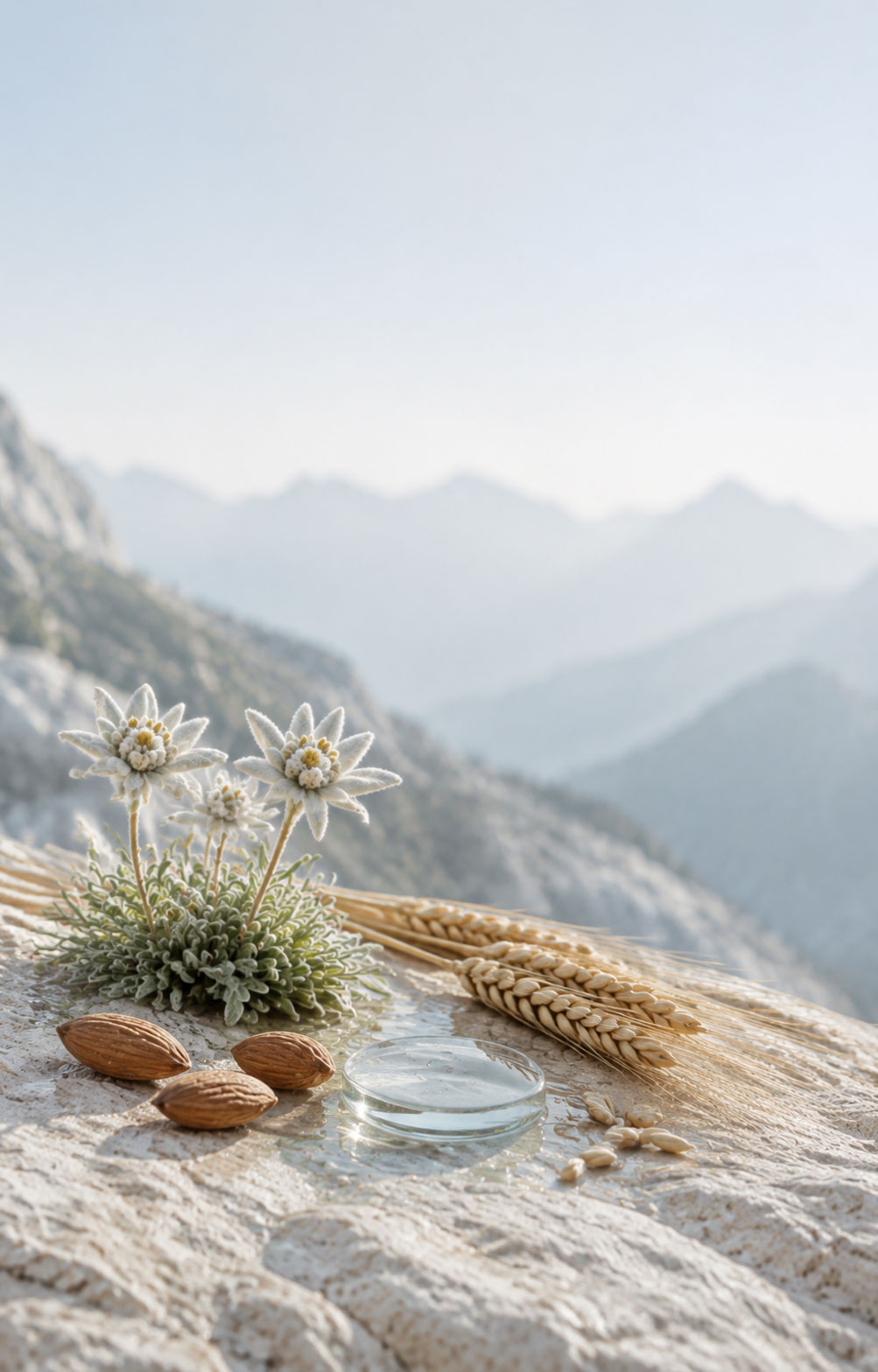 Edelweiss près d’une roche claire et d’une eau de source dans les Alpes