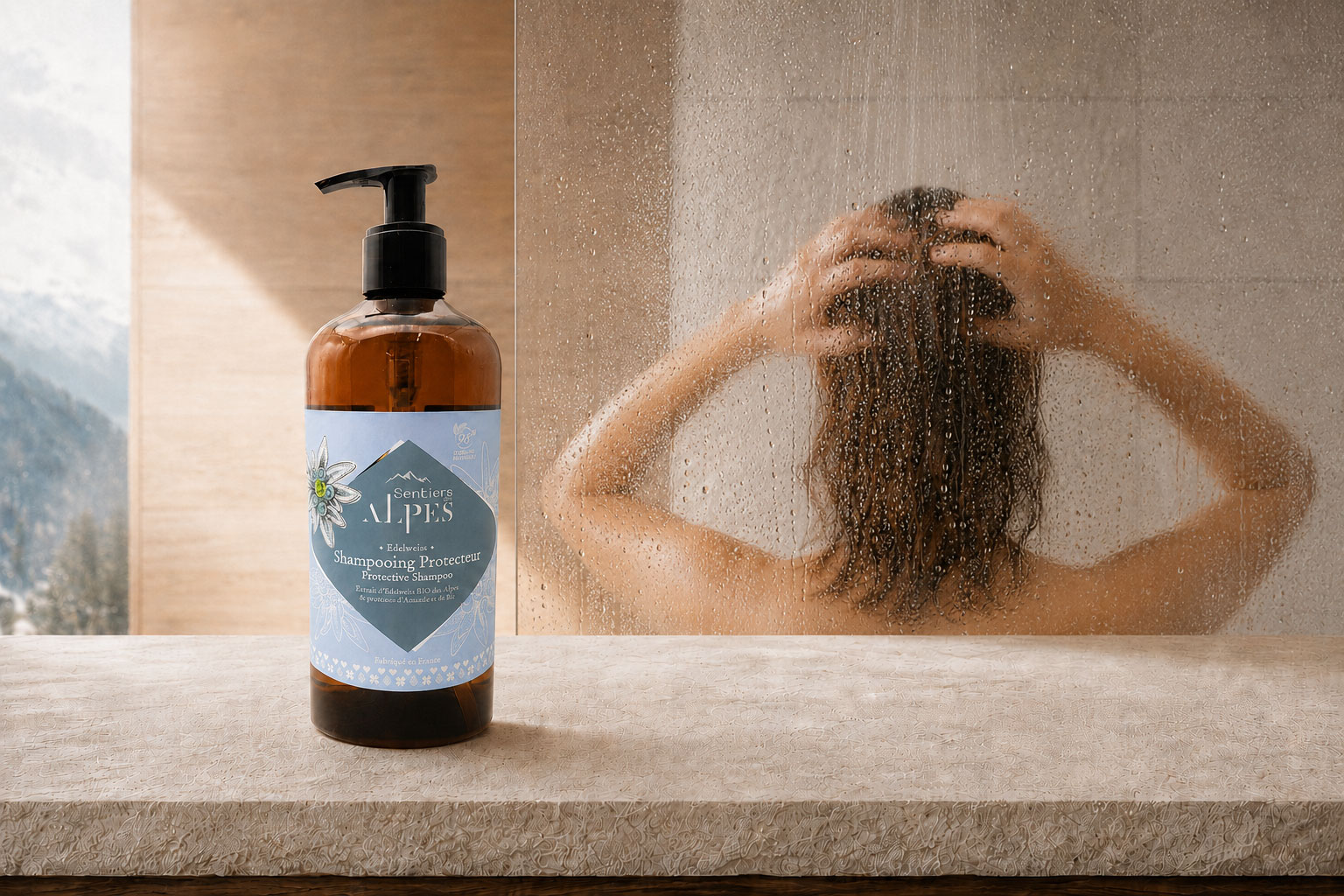Flacon de shampooing Edelweiss devant une paroi de douche couverte de gouttes d’eau