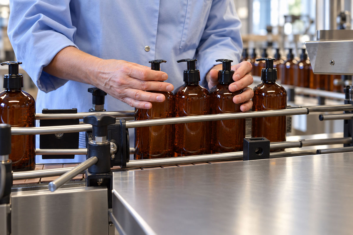 Conditionnement du shampooing Edelweiss dans un atelier des Pays de Savoie