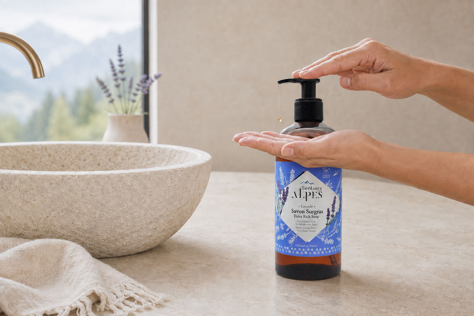 Utilisation du savon liquide Lavande sur les mains