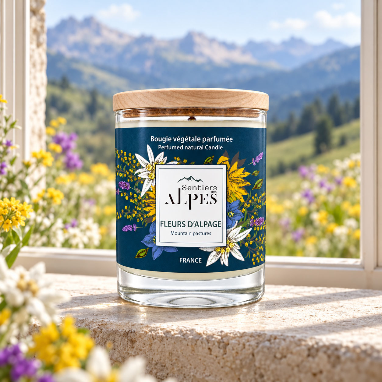 Bougie Fleurs d’Alpage à l’étiquette florale bleu profond et au couvercle en frêne, devant une fenêtre donnant sur les montagnes.