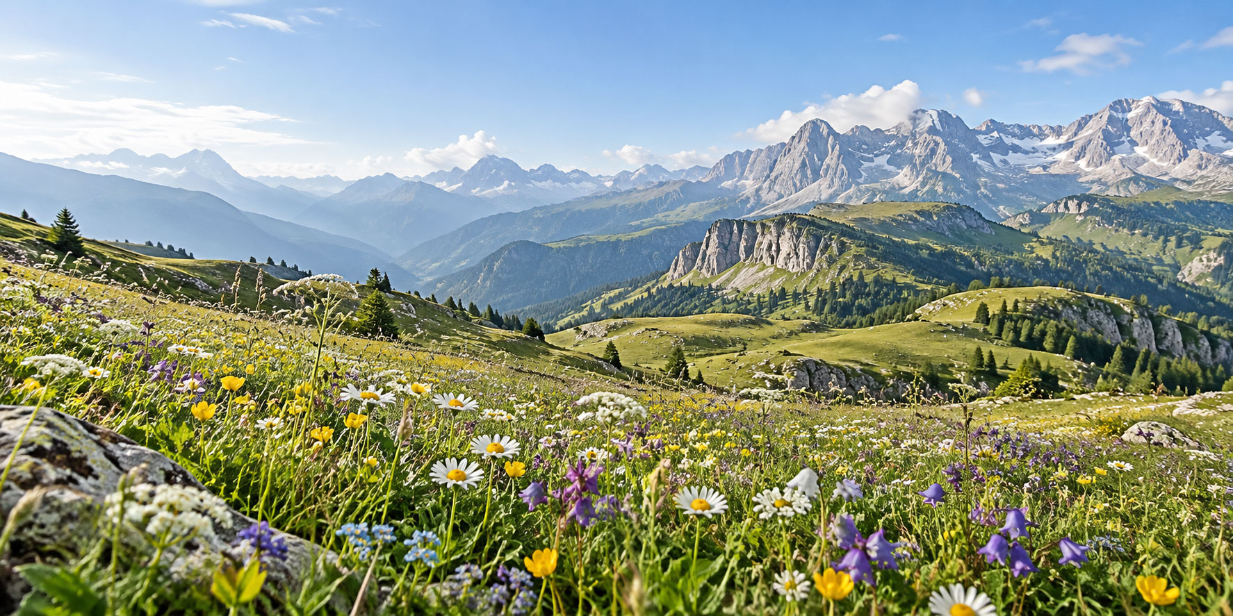 Prairie fleurie de blanc, de jaune et de violet, devant des versants herbeux et des crêtes rocheuses.
