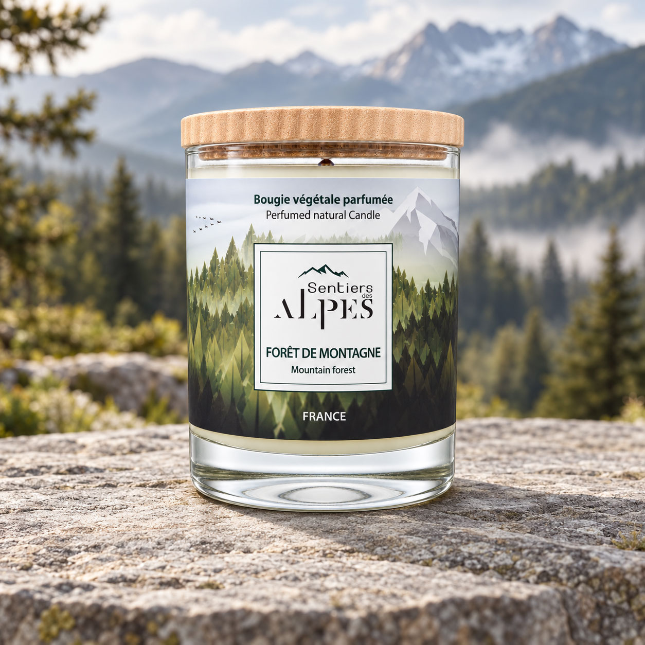 Bougie Forêt de Montagne avec couvercle en frêne, posée sur une pierre devant une forêt et des sommets.