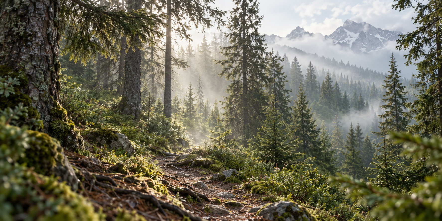 Sentier entre des conifères, avec des montagnes qui apparaissent au-delà de la brume.