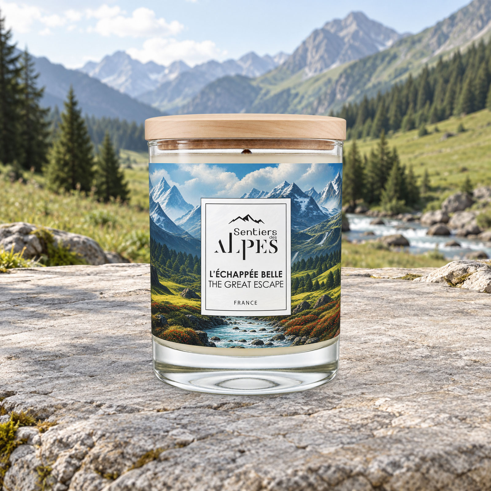 Bougie L’Échappée Belle avec couvercle en frêne, posée sur une pierre face à une vallée alpine.