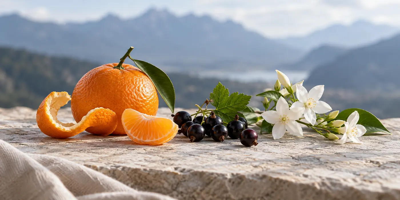 Mandarine, baies de cassis et fleurs de jasmin sur une pierre claire, devant une vallée floue.