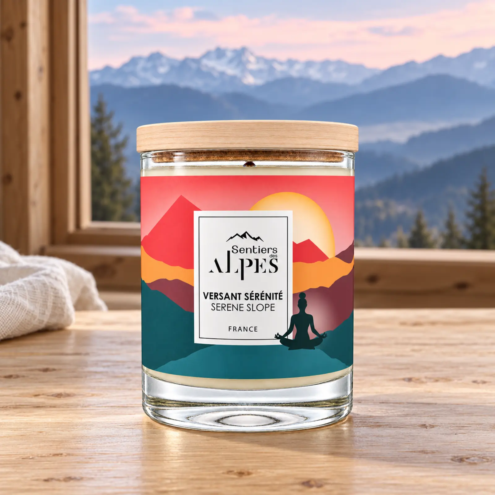 Bougie Versant Sérénité avec couvercle en frêne sur une table en bois, près d’une fenêtre donnant sur les montagnes.